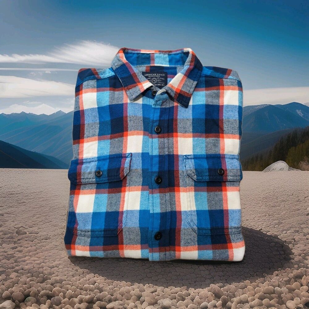 AMERICAN EAGLE PLAID  HEAVY FLANNEL SHIRT MEN'S SIZE M BLUE WHITE ORANGE  EUC